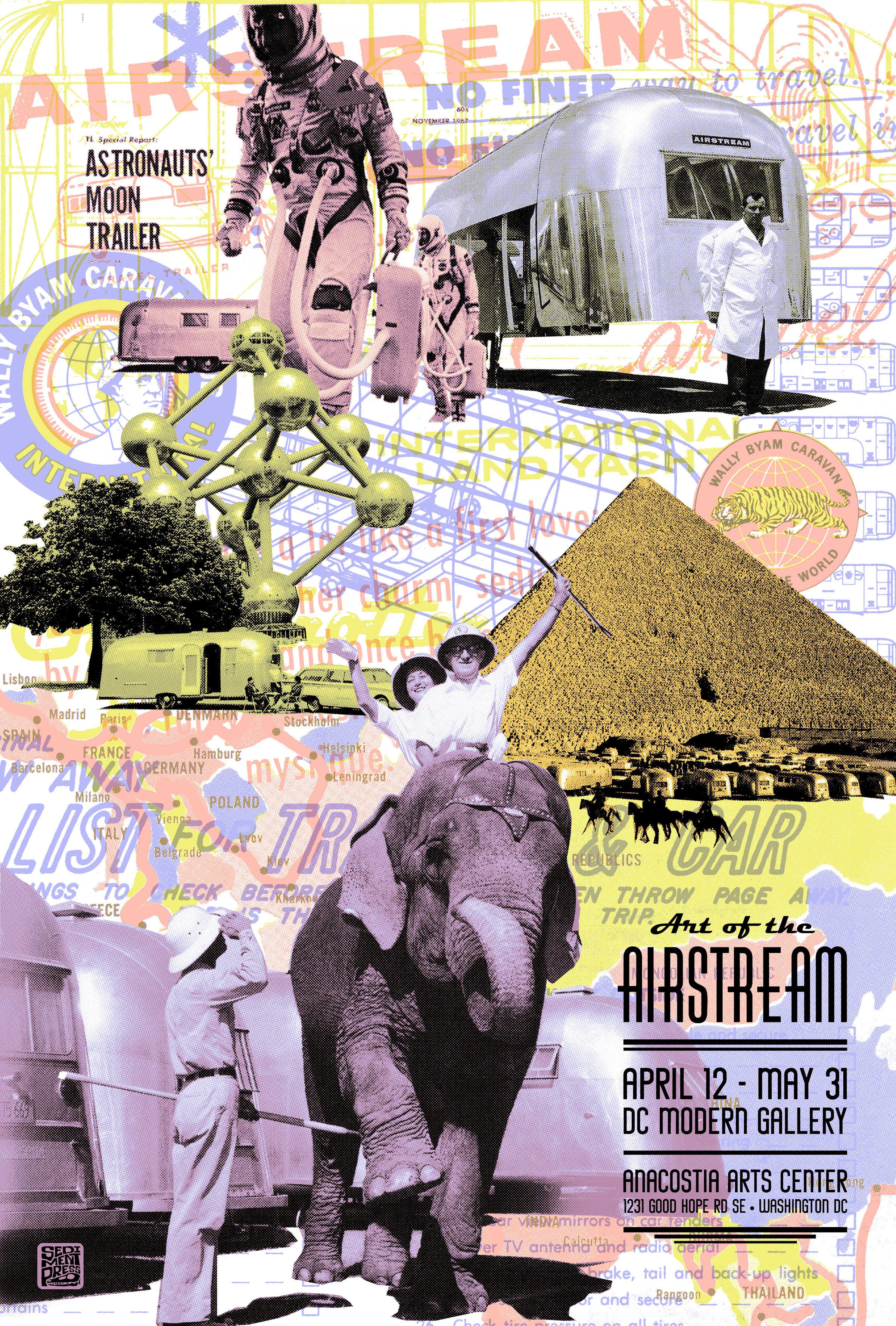 Art of the Airstream gallery opening poster 2014. Digital collage of Airstream trailers taken at landmarks around the world.