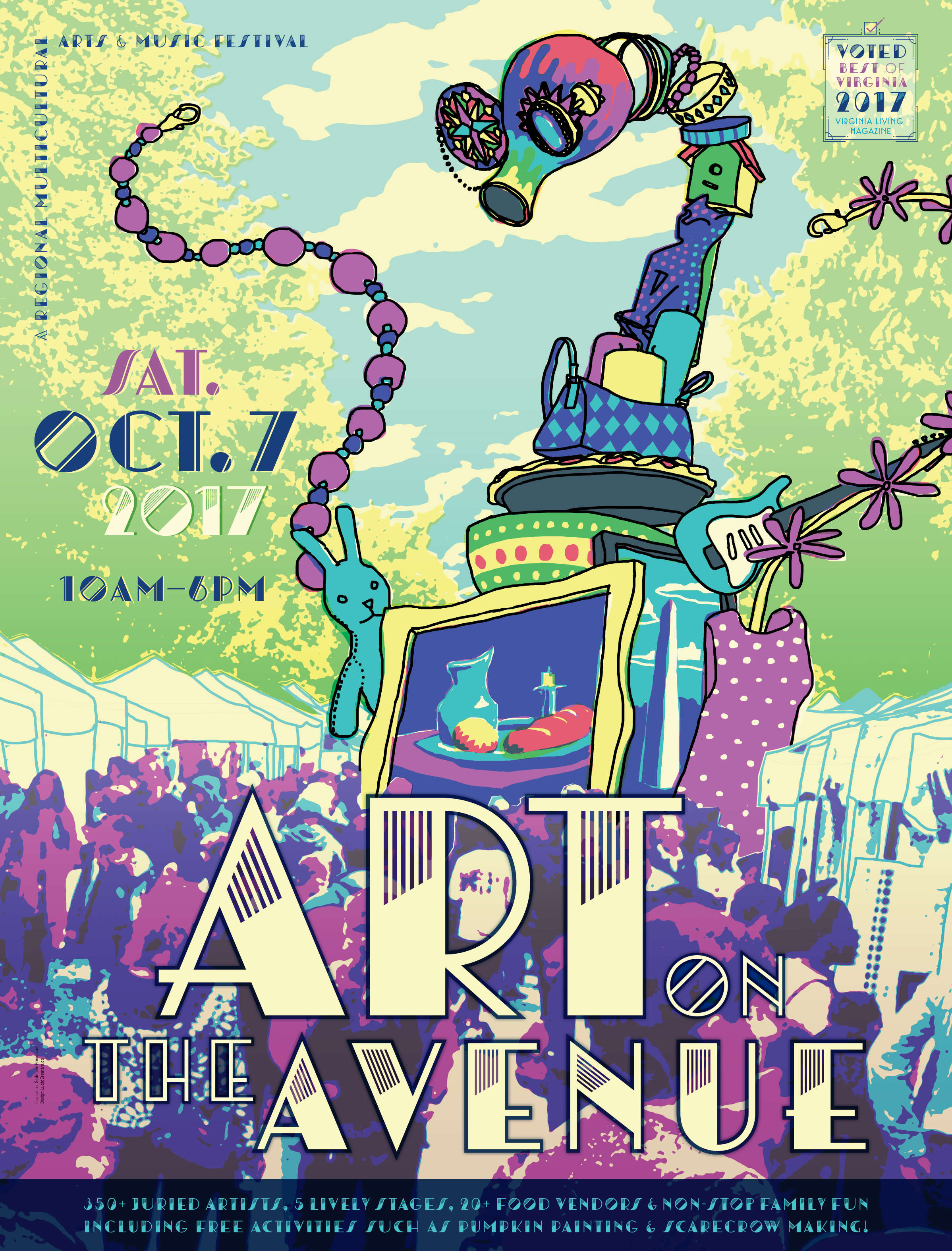 Poster for Art on the Avenue festival 2017. A giant monster made of arts and crafts looms over the crowded street.